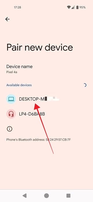 Selecting PC from list of Bluetooth devices available for pairing in Android settings.