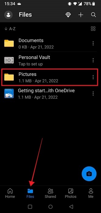 Clicking on Files tab in OneDrive app for Android.