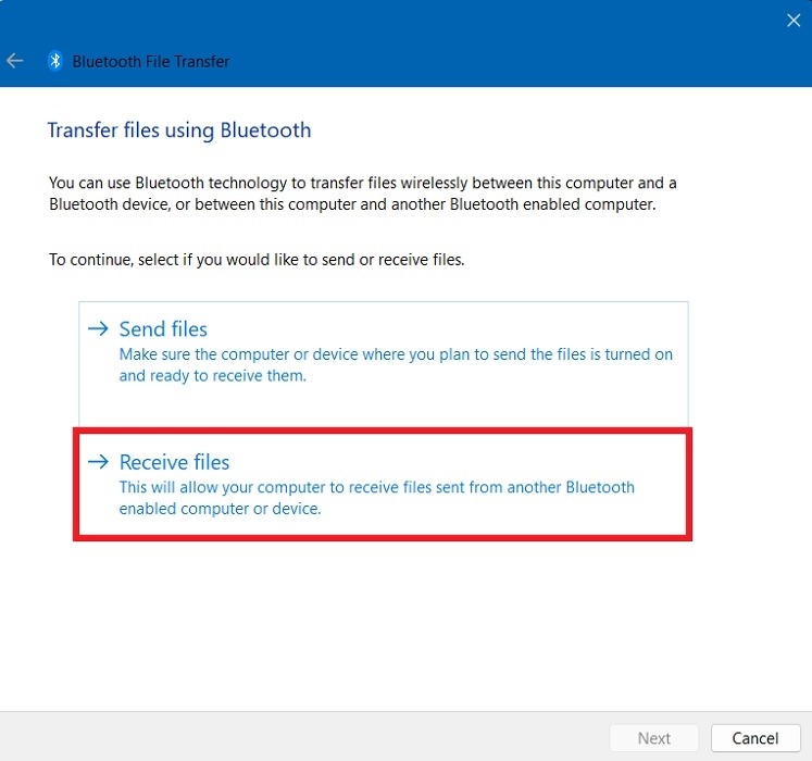 Selecting "Receive files" option to start Bluetooth file transfer. 
