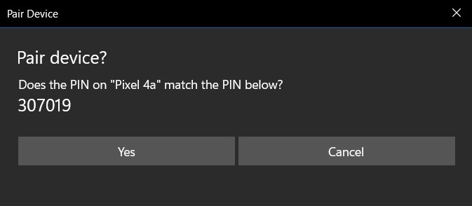 Pop-up on PC asking if you recognize pairing PIN from phone. 