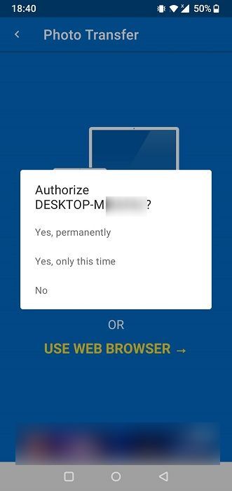 Authorizing connection from PC to mobile device via Photo Transfer mobile app.