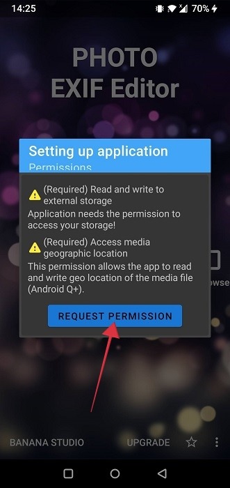 Tapping the "Request permission" button in Photo Exif Editor app.
