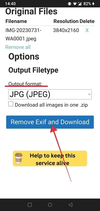 Hitting "Remove Exif and Download" button on Imagy website.