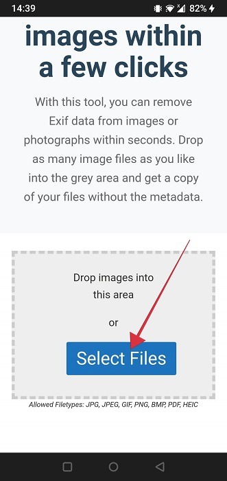Tapping on "Select Files" button on Imagy website.