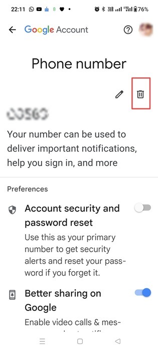 Deleting phone number from Google Account on Android phone.
