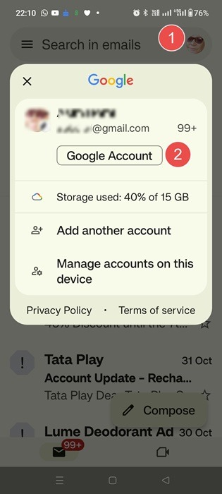 Steps to access Google account on Android phone using Gmail photo.