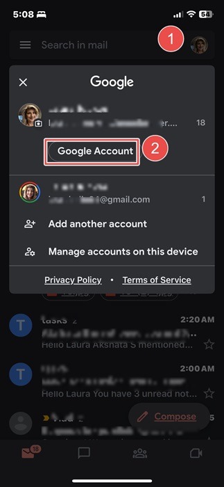 Click "Profile pic" followed by "Google Account" to open Gmail settings on an iPhone.