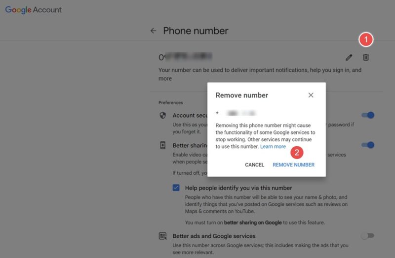 Steps shown to delete your phone number from Google account on a web browser