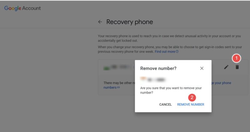 Steps to remove recovery phone number from Google account on a web browser.