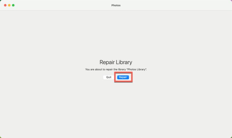 Repair Photos Library Button Highlighted