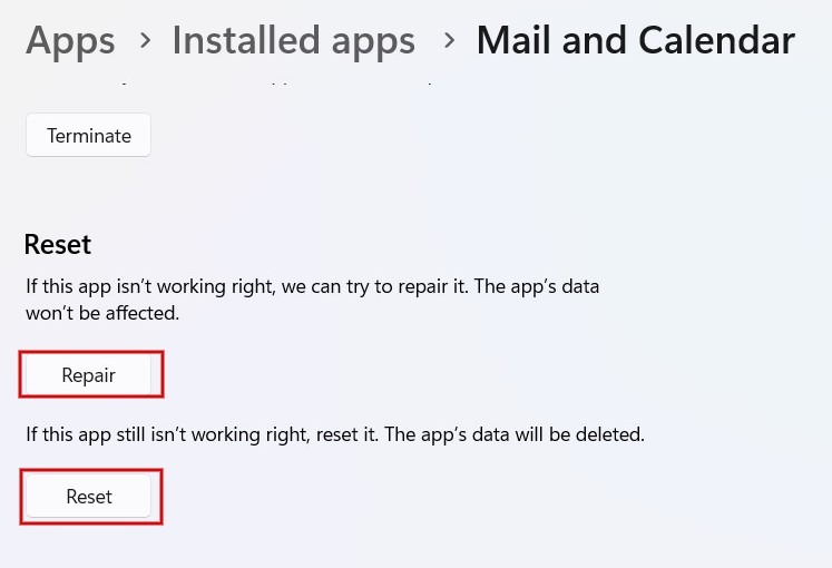 Clicking the "Repair" button followed by "Reset" in Installed apps. 