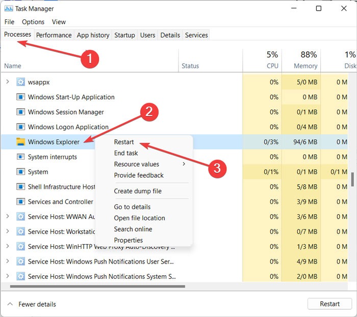 Restarting Windows File Explorer from Task Manager.
