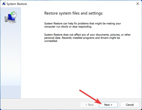 Running System Restore in Windows.