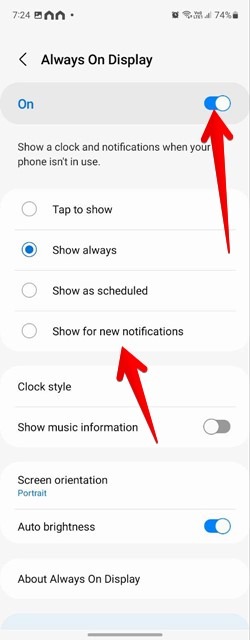 Ticking "Show for new notifications" under "Always On Display" in Samsung Settings app. 