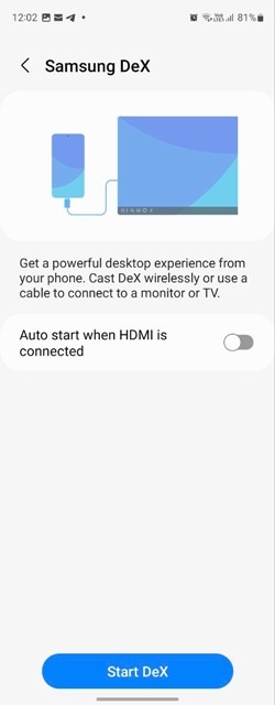 Enabling "Auto start when HDMI is connected" toggle on Samsung phone. 