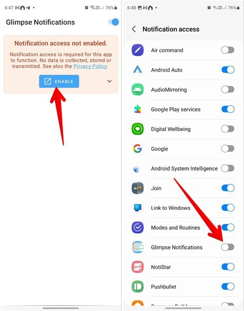 Enabling notification access for Glimpse Notifications app. 