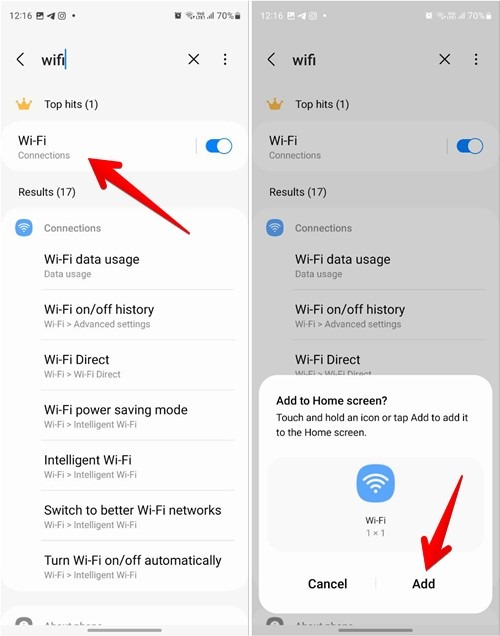 Adding Wi-Fi shortcut to homescreen via GoodLock app for Samsung phones.