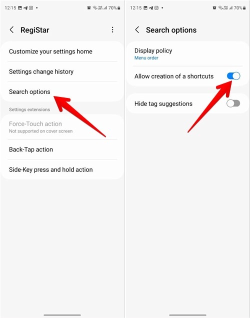 Enabling "Allow creation of shortcuts" option under Search options in GoodLock app. 