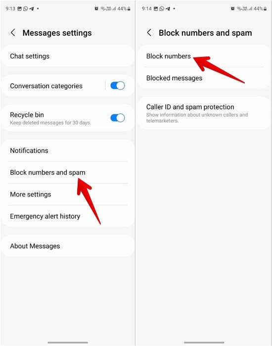Tapping on "Block numbers and spam" on Samsung phone app. 