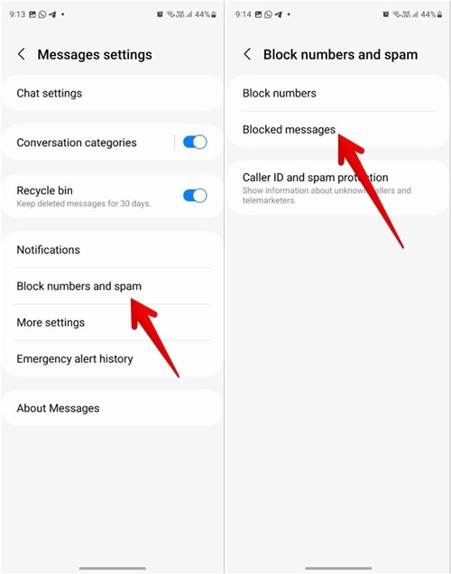 Pressing on "Block numbers and spam" option in the Samsung Messages app. 