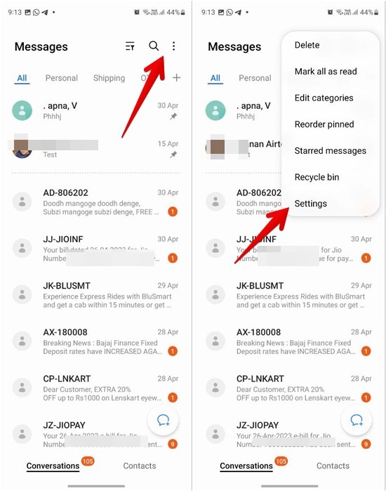 Clicking on three dot menu and then selecting "Settings" option from Samsung Messages app. 