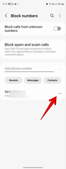 Removing blocked number from block list in Samsung Messages app. 