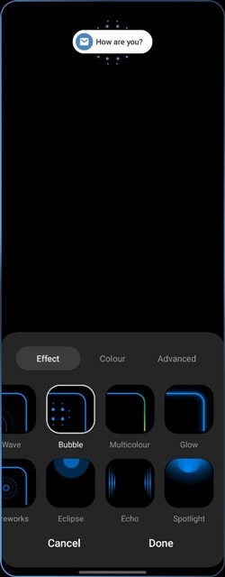 Selecting color and effect of Brief notification in Samsung phone Settings.