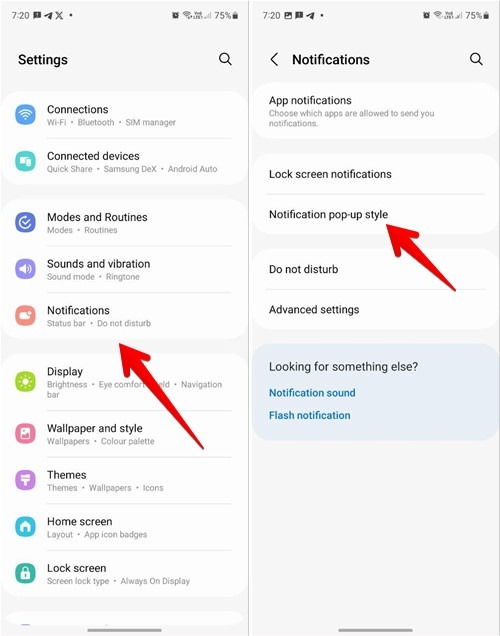 Navigating to "Notification pop-up style" in Samsung phone Settings.
