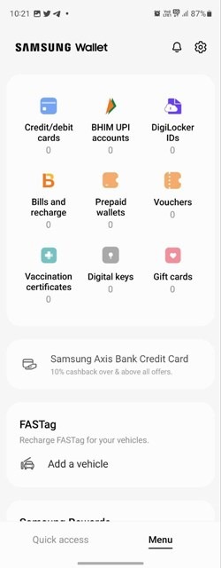 Samsung Wallet app options.. 