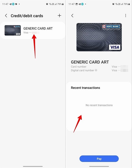 Checking "Recent transactions" section in Samsung Wallet app. 