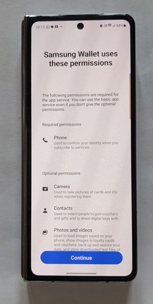 Granting permissions in Samsung Wallet app. 