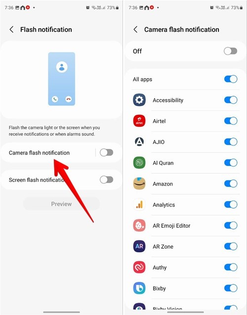 Enabling "Camera flash notification" option for select apps in Samsung Settings app. 