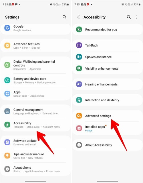 Navigating to "Advanced settings" under Accessibility in Samsung Settings app. 