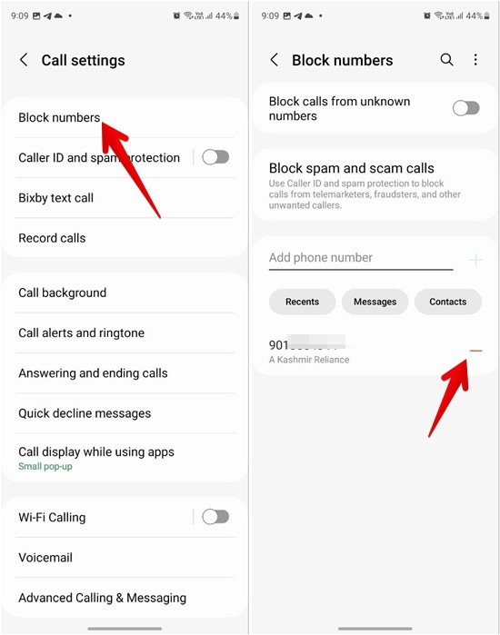 Opening up "Block numbers" list in Samsung phone app. 