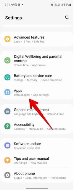 "Apps" section in settings on Samsung phone. 