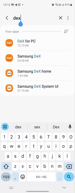 Searching for DeX-related apps in settings on Samsung phone. 