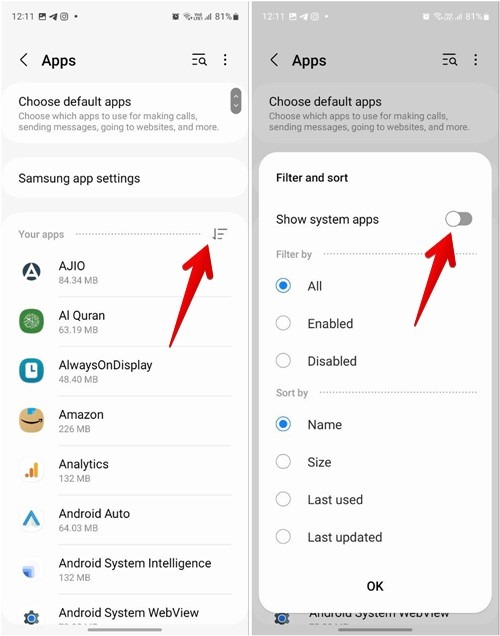 Using the "Sort and filter" function to view apps on Samsung phone. 
