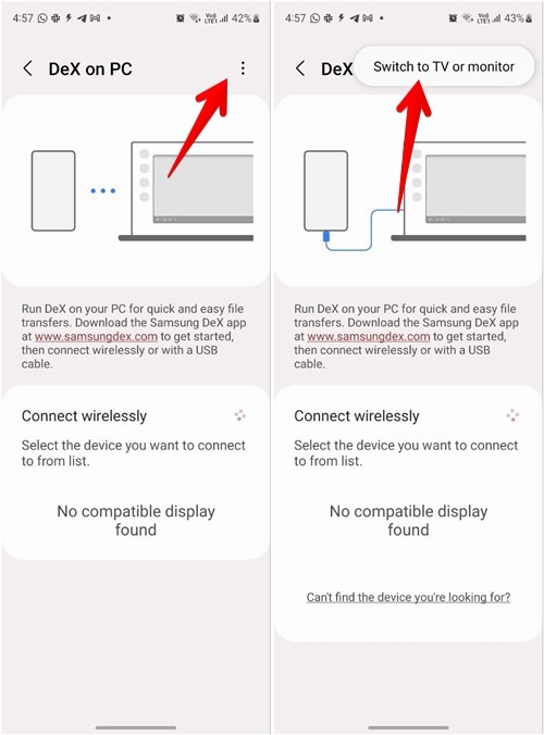 Switching connection mode for Samsung DeX from settings on Samsung phone. 