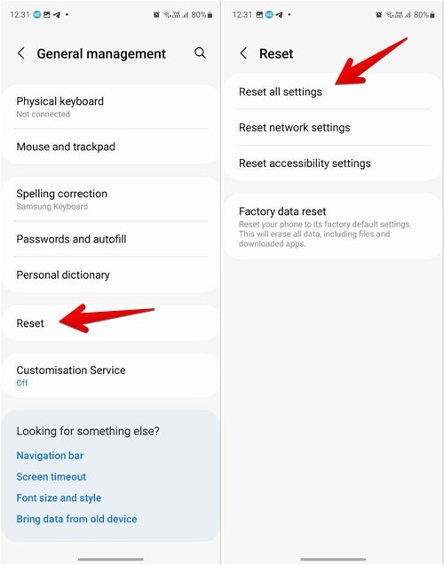 Finding the "Reset all settings' option on Samsung phone. 