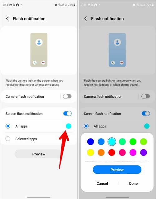 Setting parameters for scree flash notification in Samsung Settings app. 