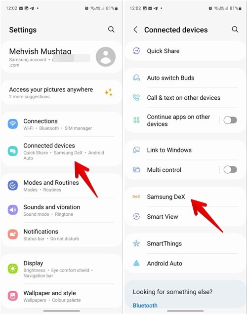 Accessing "Samsung DeX" section from phone's settings. 