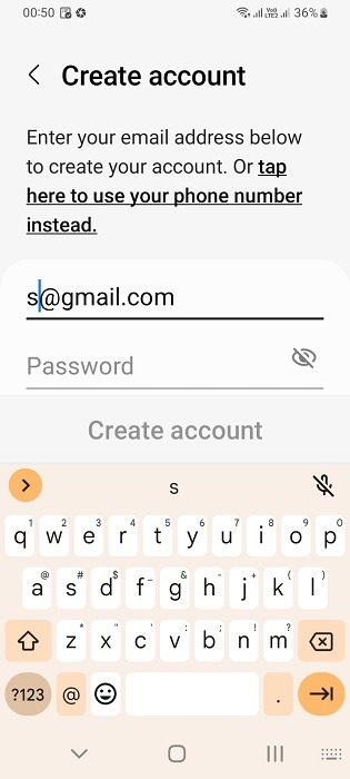 Creating Samsung account with your Gmail email inside Samsung Wallet app.