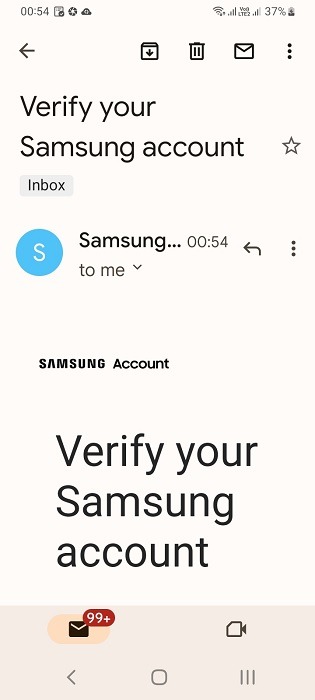 Verifying a Gmail email account used for Samsung. 