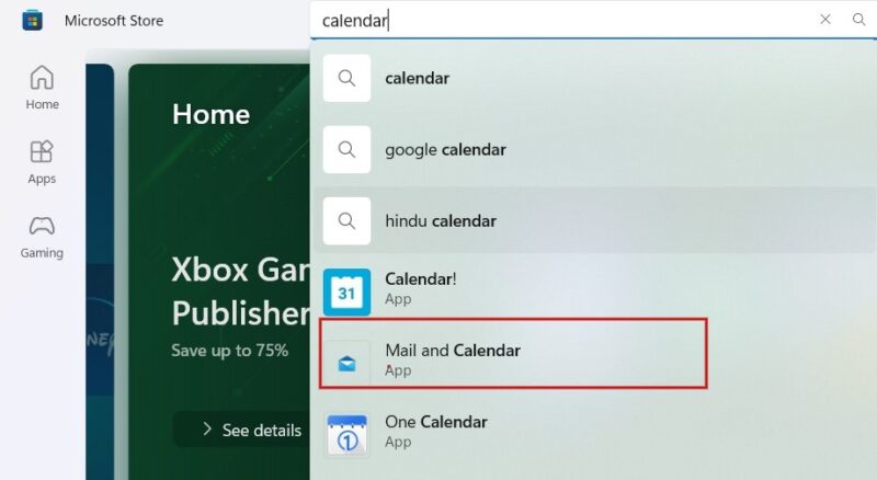 Selecting "Mail and Calendar" option via Microsoft Store search.