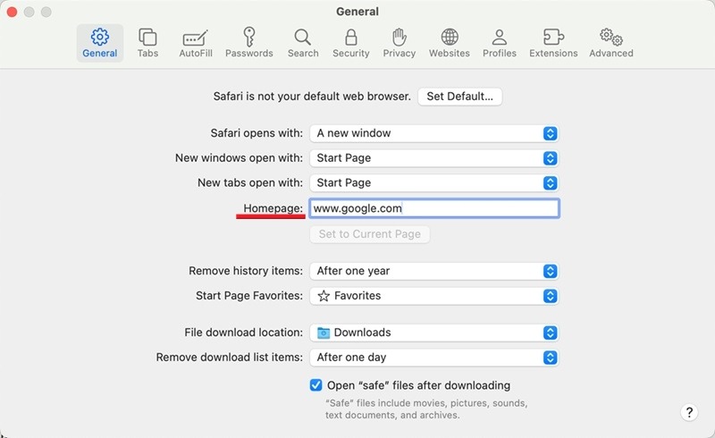 Entering new homepage for Safari browser on Mac. 