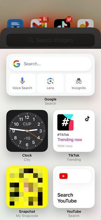 Widgets options on iOS device.