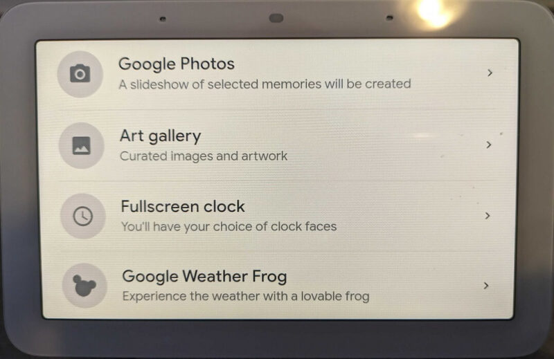 "Google Weather Frog" option visible on Nest Hub 2nd gen device.