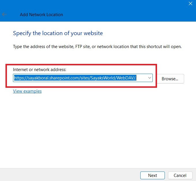 Adding SharePoint site location as a network location in Windows.