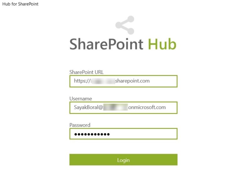 SharePoint login using Hub for SharePoint utility.