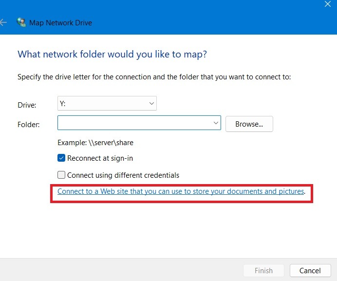 Clicking the "Connect to a Web site" option in Map Network Drive window.